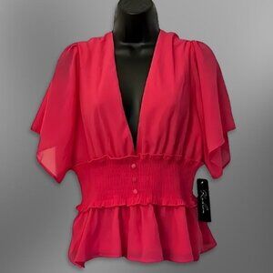 Kaleina Blouse Flowing Flutter Short Sleeves Deep V-Neckline Pink Women's L NWT